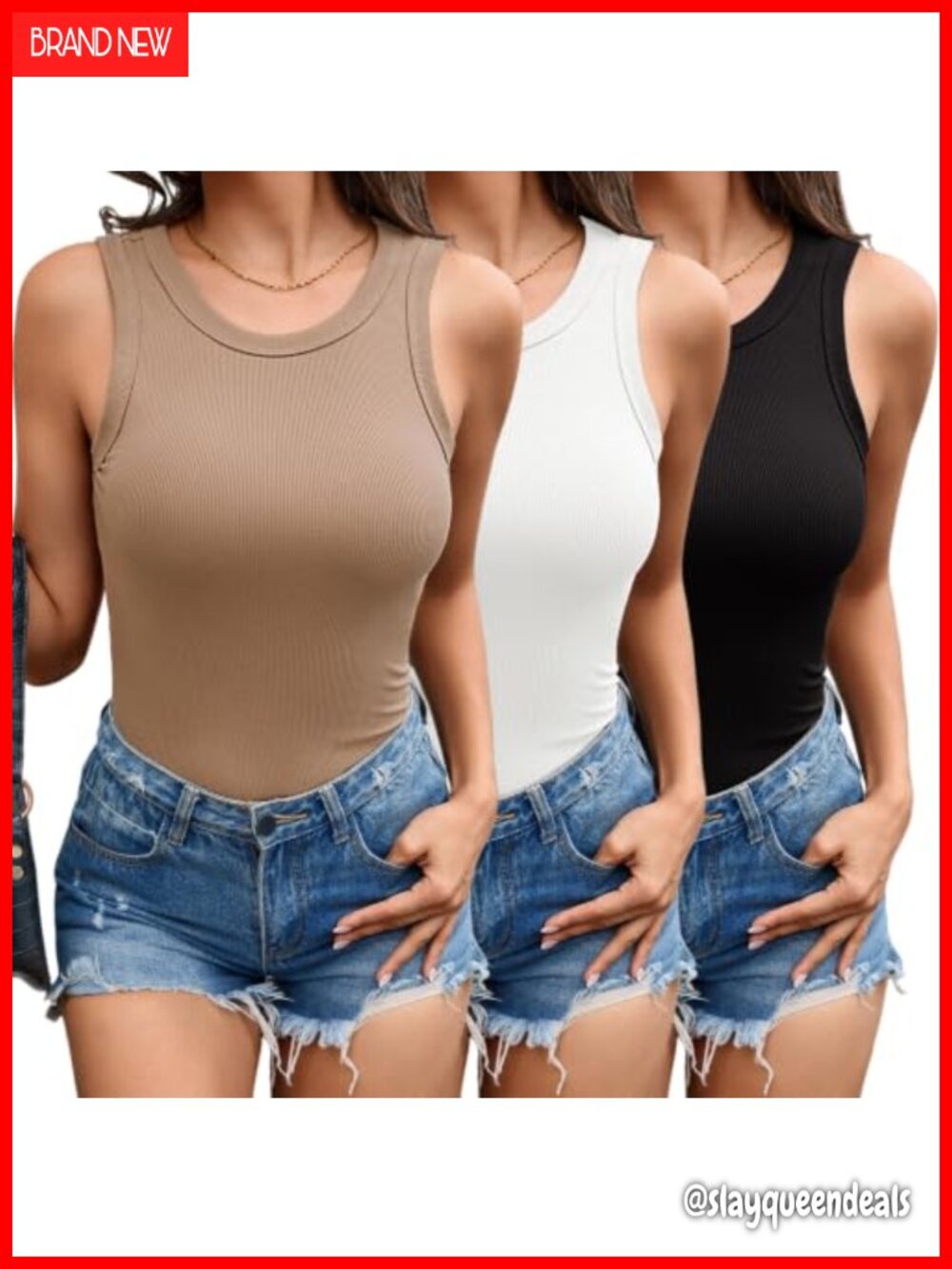 3 Pack Ribbed Tank Tops High Neck Sleeveless Stretchy Slim Fit Womens